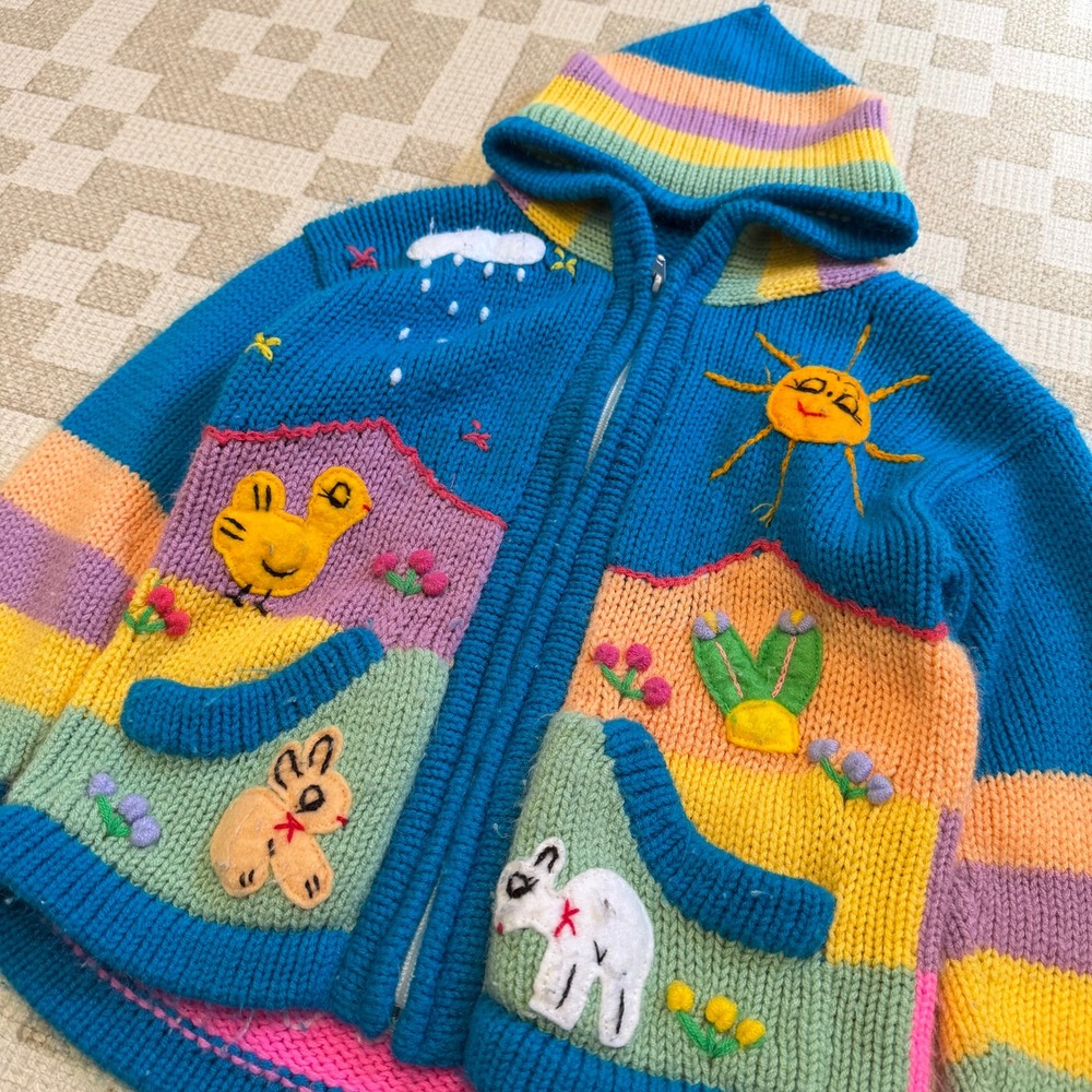 Vintage Kids Handmade Chunky Knit Hooded Sweater Animal Applique Zip Up 3T 13x16 - Picture 5 of 8
